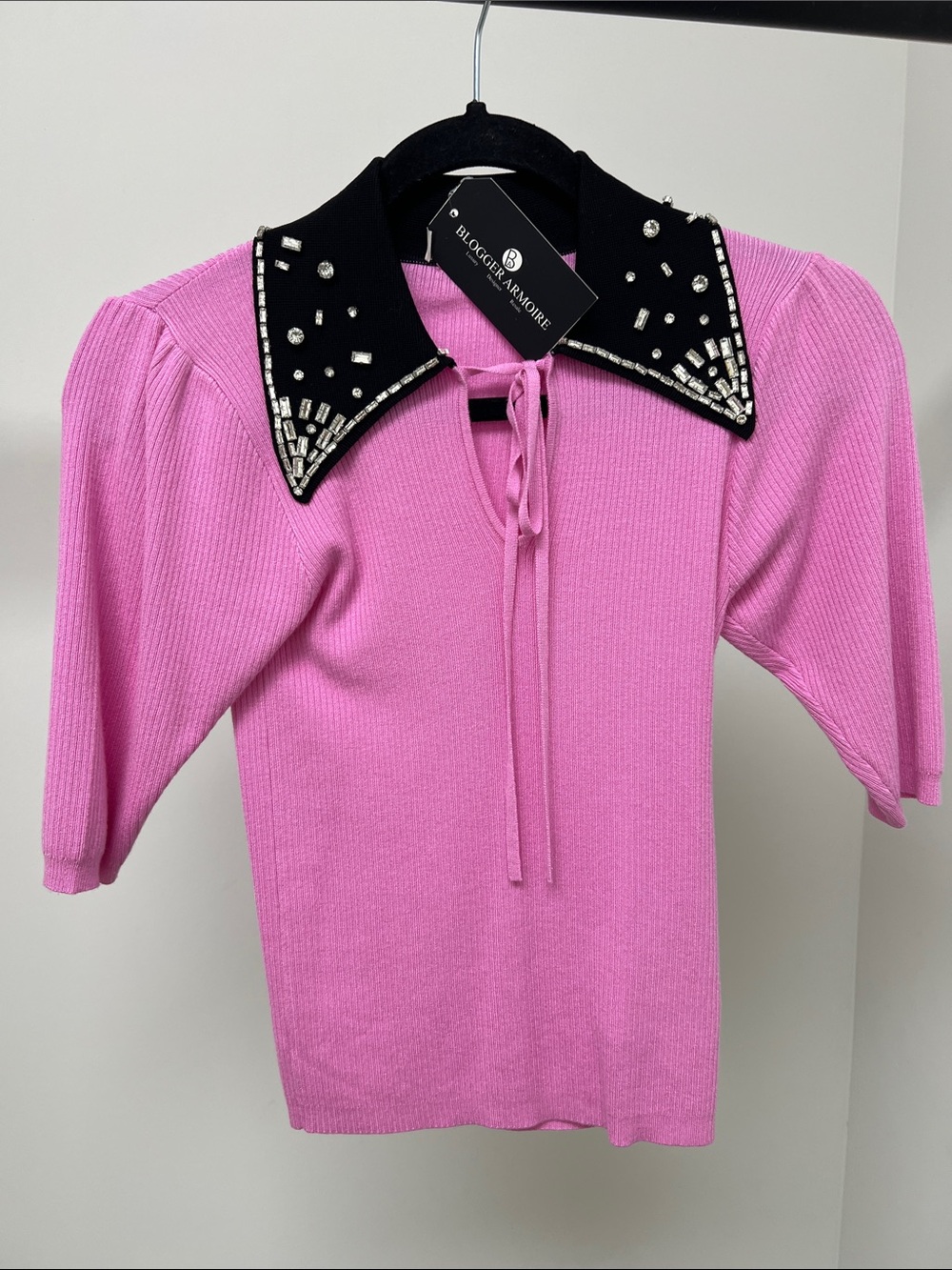 Liu Jo Pink Knit Short Sleeve Top with Black Embellished Collar